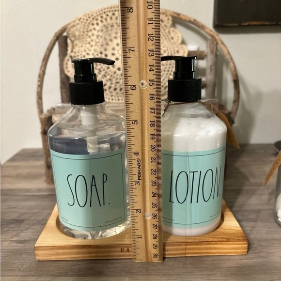 Rae Dunn Pump SOAP & LOTION on Wood Tray and CLEAN Cotton Pads Glass Jar Bundle - Picture 11 of 12
